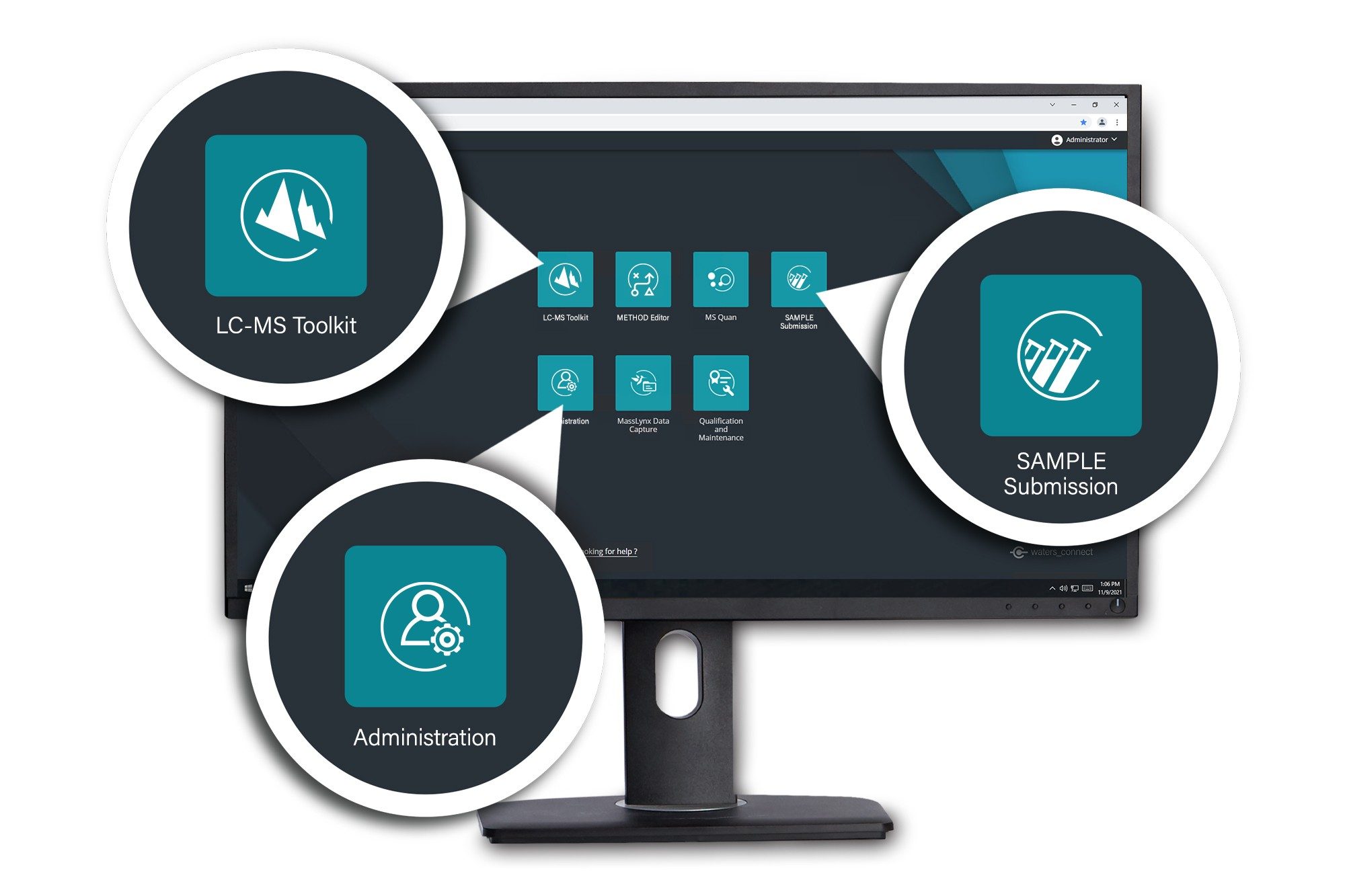 展示waters_connect应用程序 — LC-MS Toolkit、Sample Submission和Administration的台式机