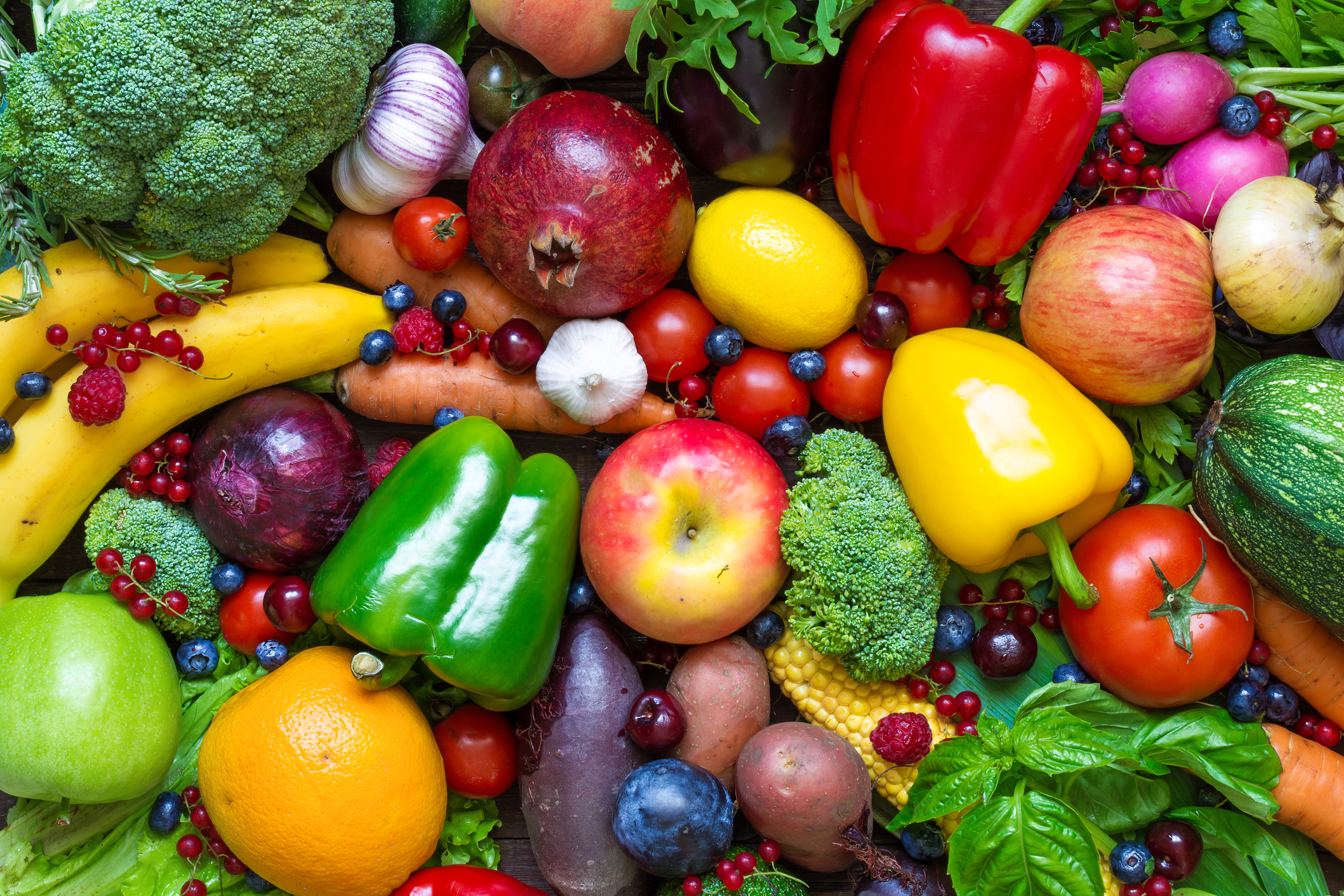 Assortment of fresh fruits, vegetables, and berries