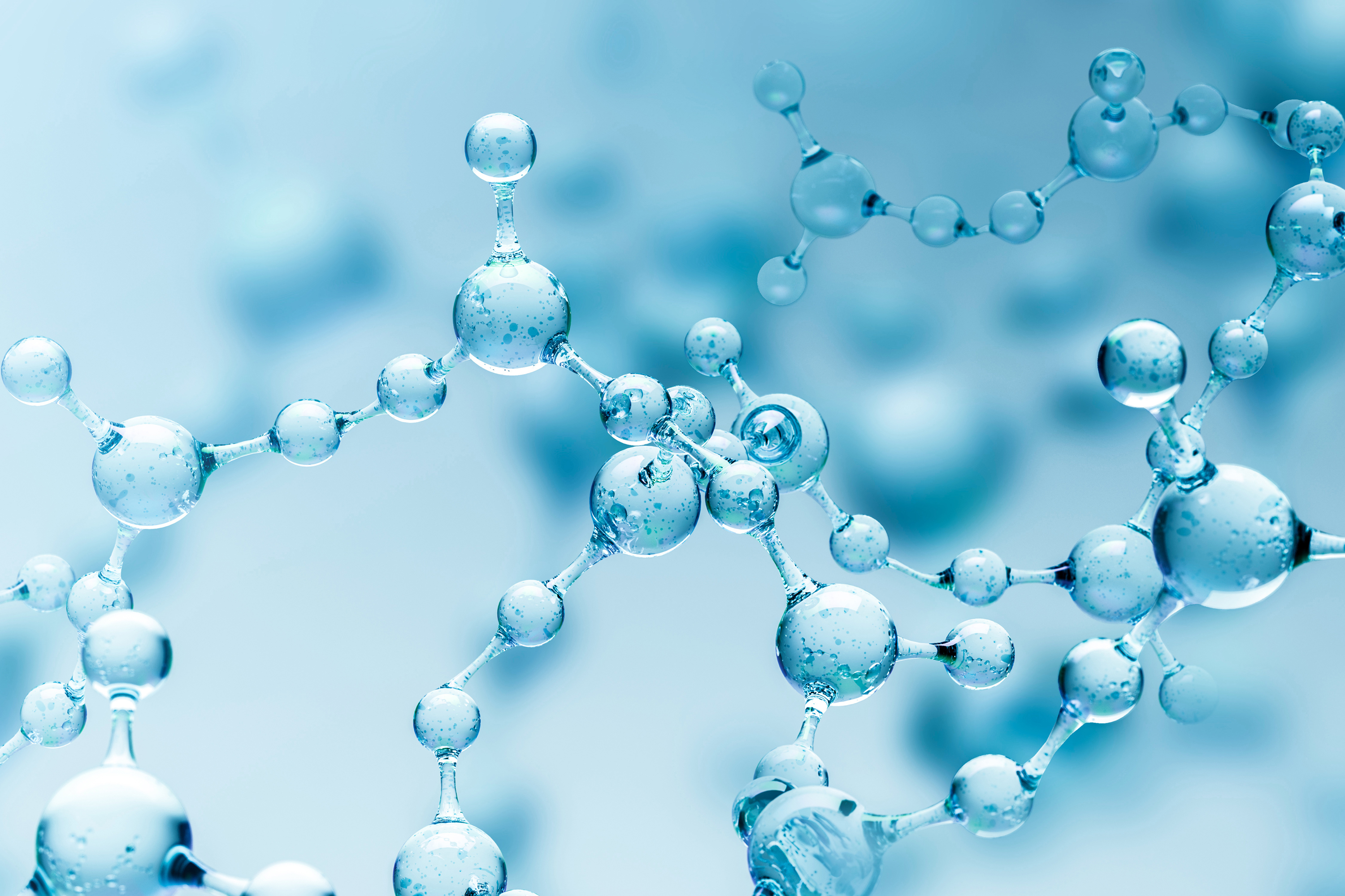 Transparent blue abstract molecule model over blurred blue molecule background