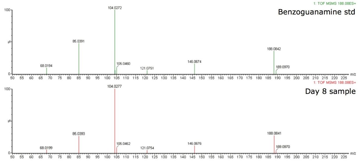 MS/MS of Benzoguanamine standard (green) and Day 8 sample (red). Precursor ion selected was 188.08 m/z.