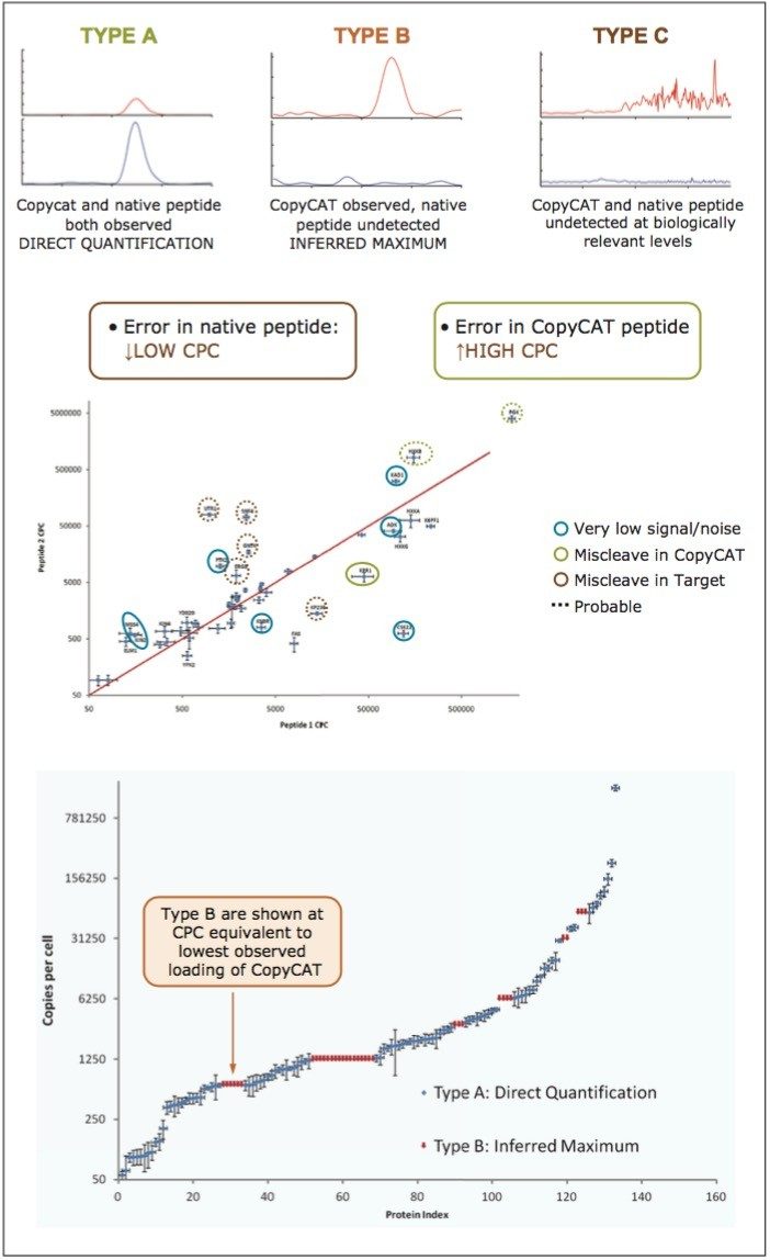 Peptide detection/quantification type (top panel), quantification challenges (middle panel) and quantified proteins with nominal quadrupole resolution settings (Xevo TQ) (bottom panel).