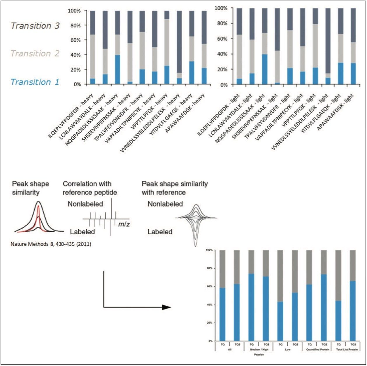  Skyline processed relative intensities evaluation of the three selected transition of QconCAT and native peptides (top) and mProphet probabilistic scoring (bottom)