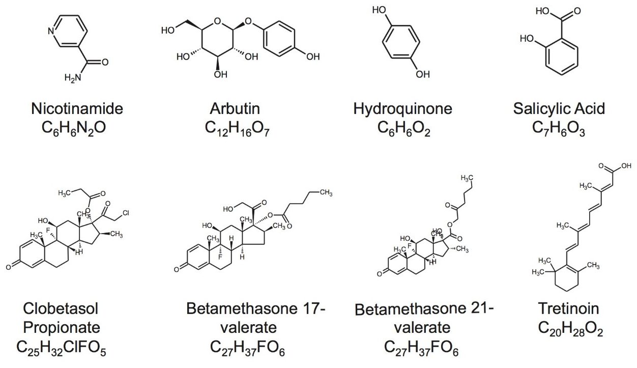 Empirical formulas and structures for the skin lightening agents