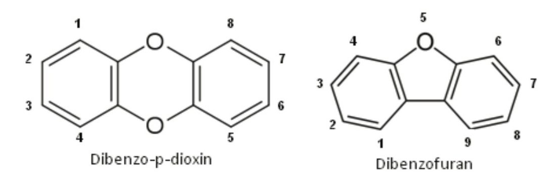 Figure 1. Structures of dibenzo-p-dioxin and dibenzofuran backbone. Halogen substitution can occur at any of the open numbered positions.