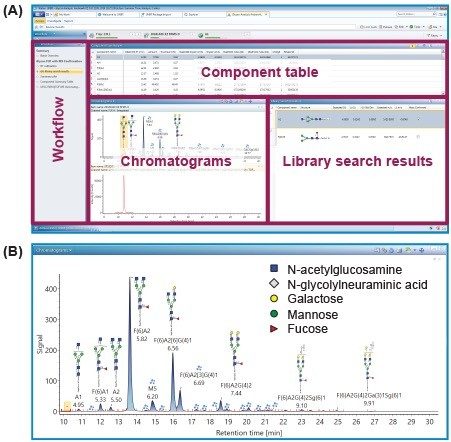 Review of the processed results. (A) The Review tab showing the clickable workflow steps, processed chromatograms, and library  search results for identified peaks. (B) Processed FLR trance from the  Review tab showing identified peaks annotated with glycan name, GU  value, and associated structure information. To avoid over crowded structure display, detailed glycan structures can be viewed by simply mousing over  the IBM connection icon. User has the option to choose between CFG or Oxford structure nomenclature to display (CFG is used for figures in this Application Note).