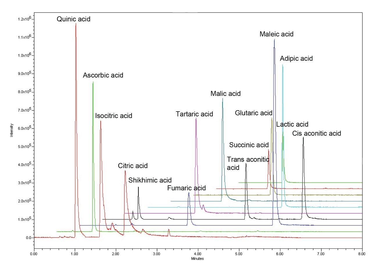 Chromatographic separation of fourteen organic acids.