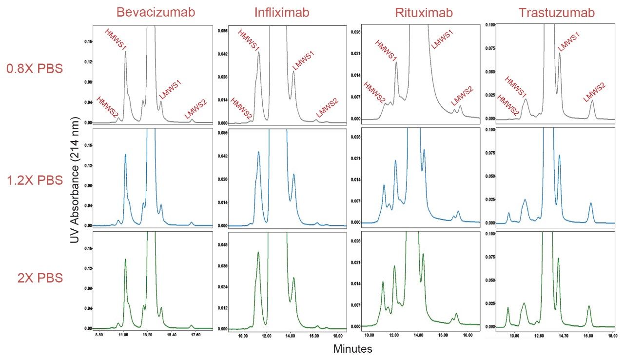 Stacked Plots of biosimilar mAb samples at varying concentrations of Dulbecco’s phosphate buffer saline using a BioResolve SEC mAB, 200 Å, 2.5 µm, 7.8 x 300 mm, column are shown. Experimental conditions provided in text. 