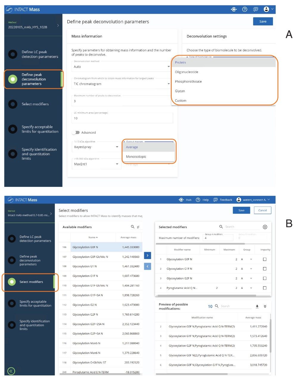 Selecting Processing Parameters. The App supports both the BayesSpray or traditional MaxEnt1 algorithms for data deconvolution: the BayesSpray output can be average or monoisotopic mass while MaxEnt 1 provides average mass.