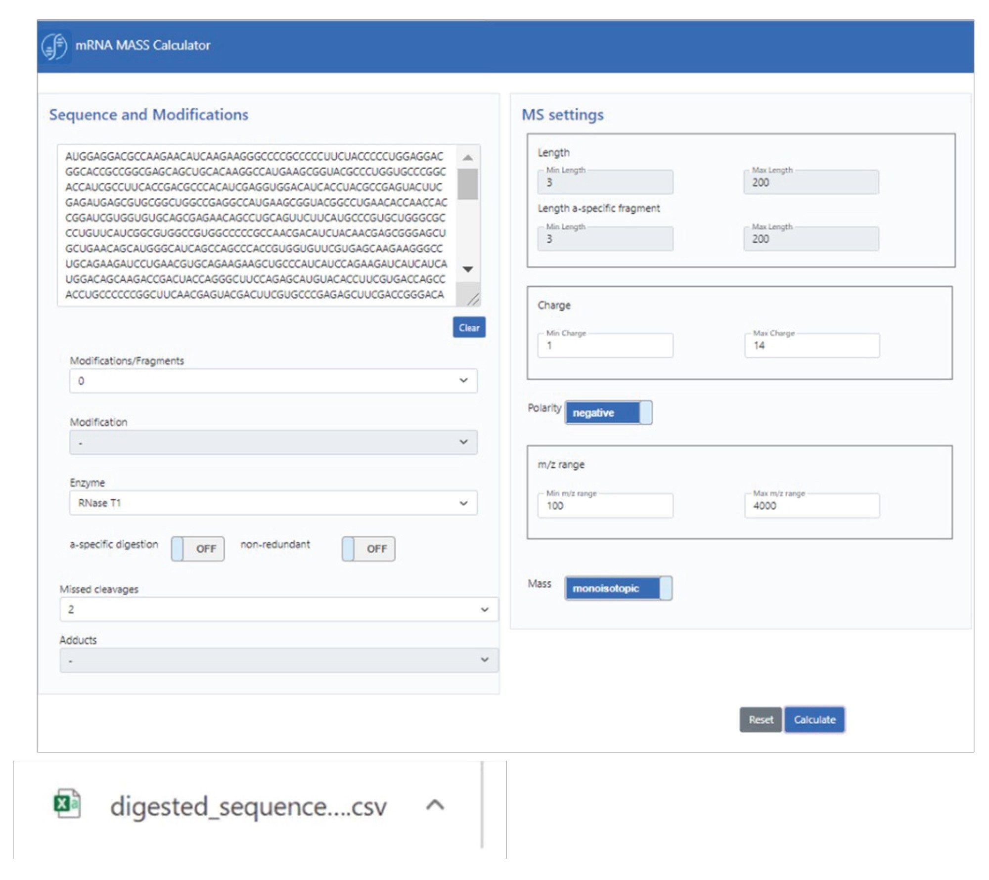 用于计算机模拟mRNA酶解质量数计算的mRNA计算器GUI