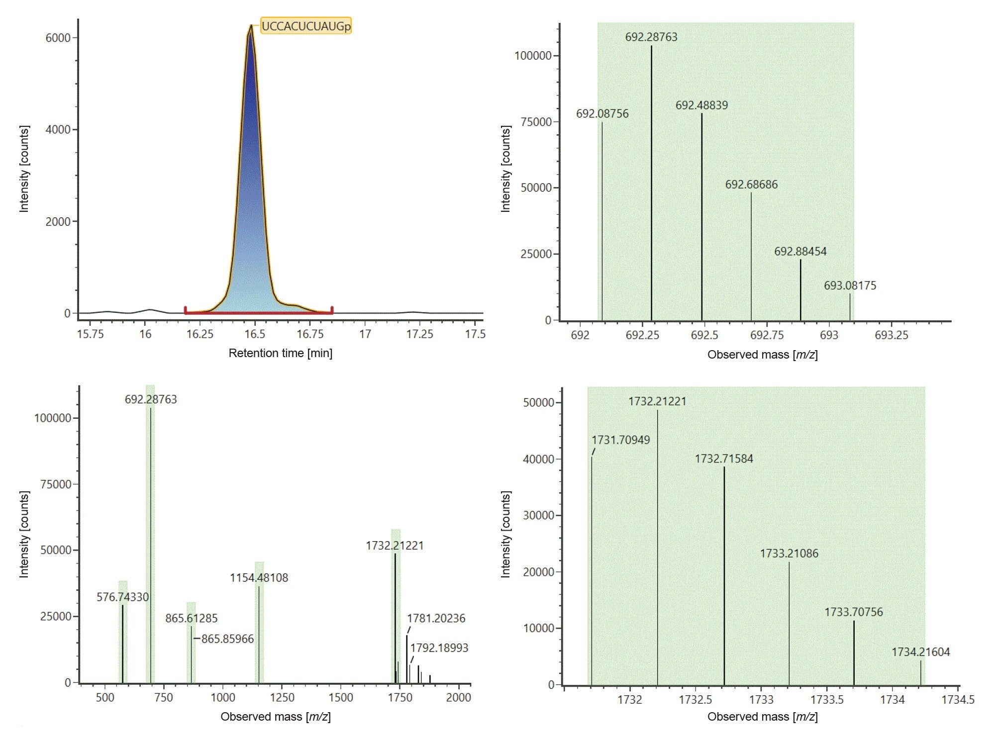 Identification of digest component UCCAUCACCCUGp eluting at 16.49 minutes (left top trace)