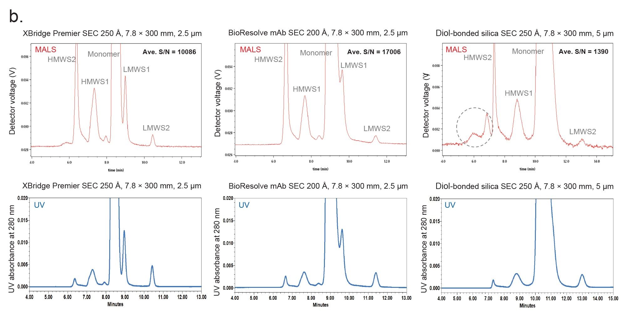 Chromatograms obtained from three 7.8 x 300 mm, 2.5 or 5 mm Columns. HMWS: high molecular weight species; LMWS: low molecular weight species.