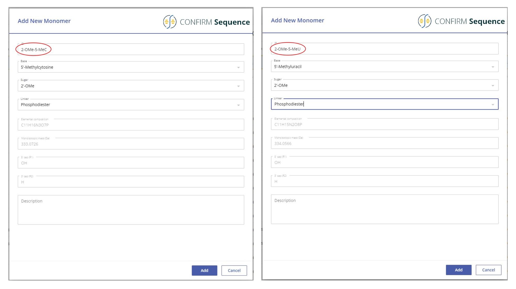  Monomer Library screenshots detailing how two nucleotide monomers (2’-OMe-5-Me cytidine and 2’-OMe-5-Me uridine) are created from their corresponding individual subcomponents