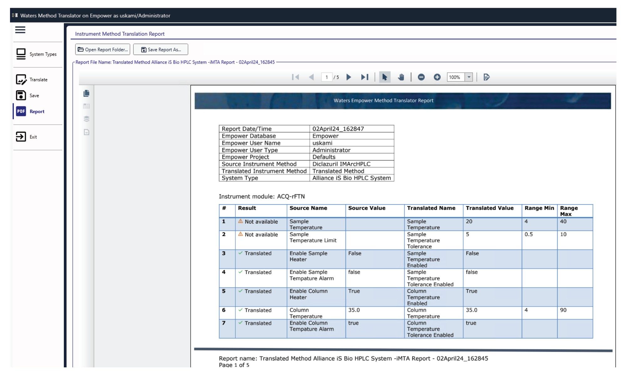 Example of the report generated by the Intelligent Method Translator