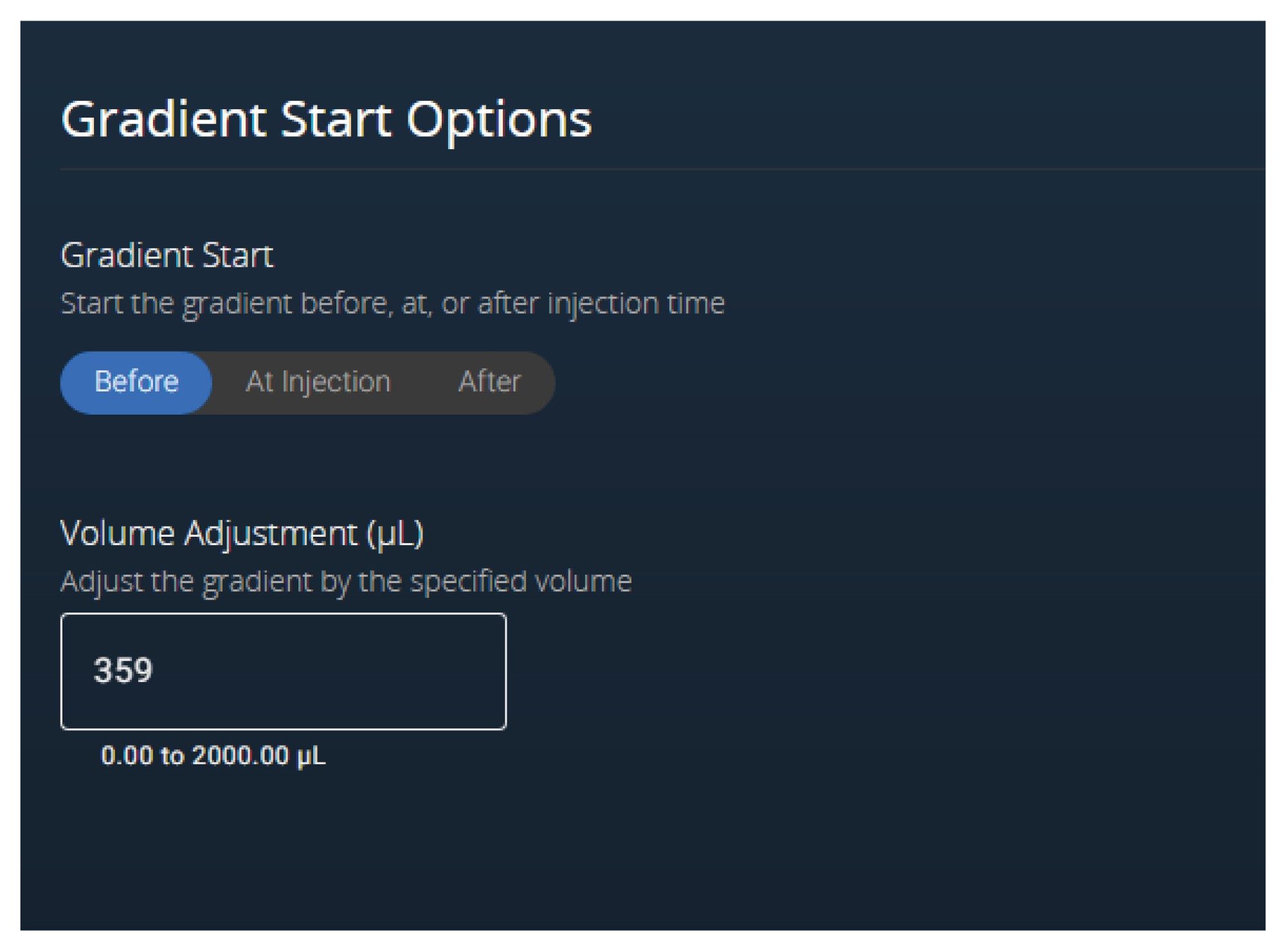  Instrument editor demonstrating the Gradient Start Options on Alliance iS HPLC System