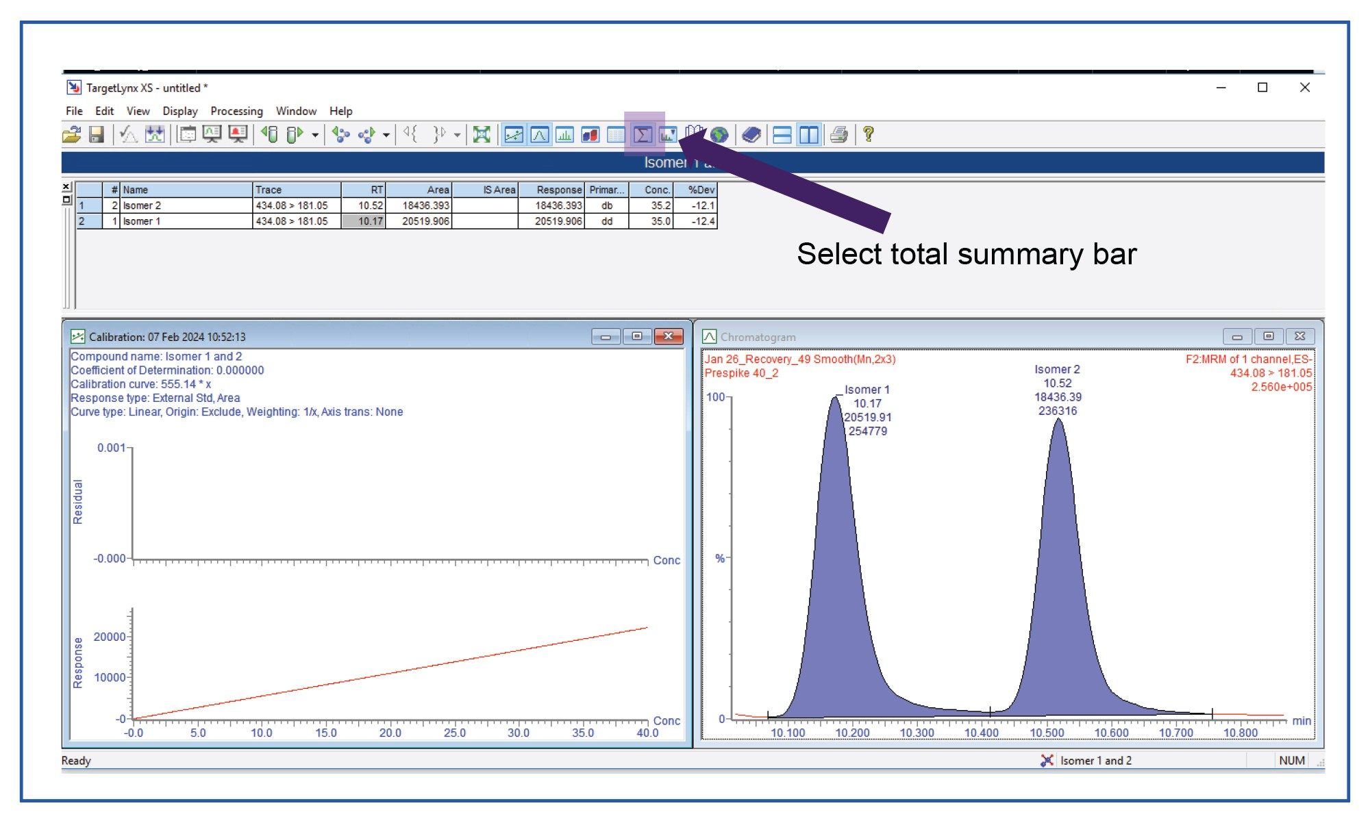 TargetLynx showing totals functionality for N-nitroso carvedilol isomers 1 and 2