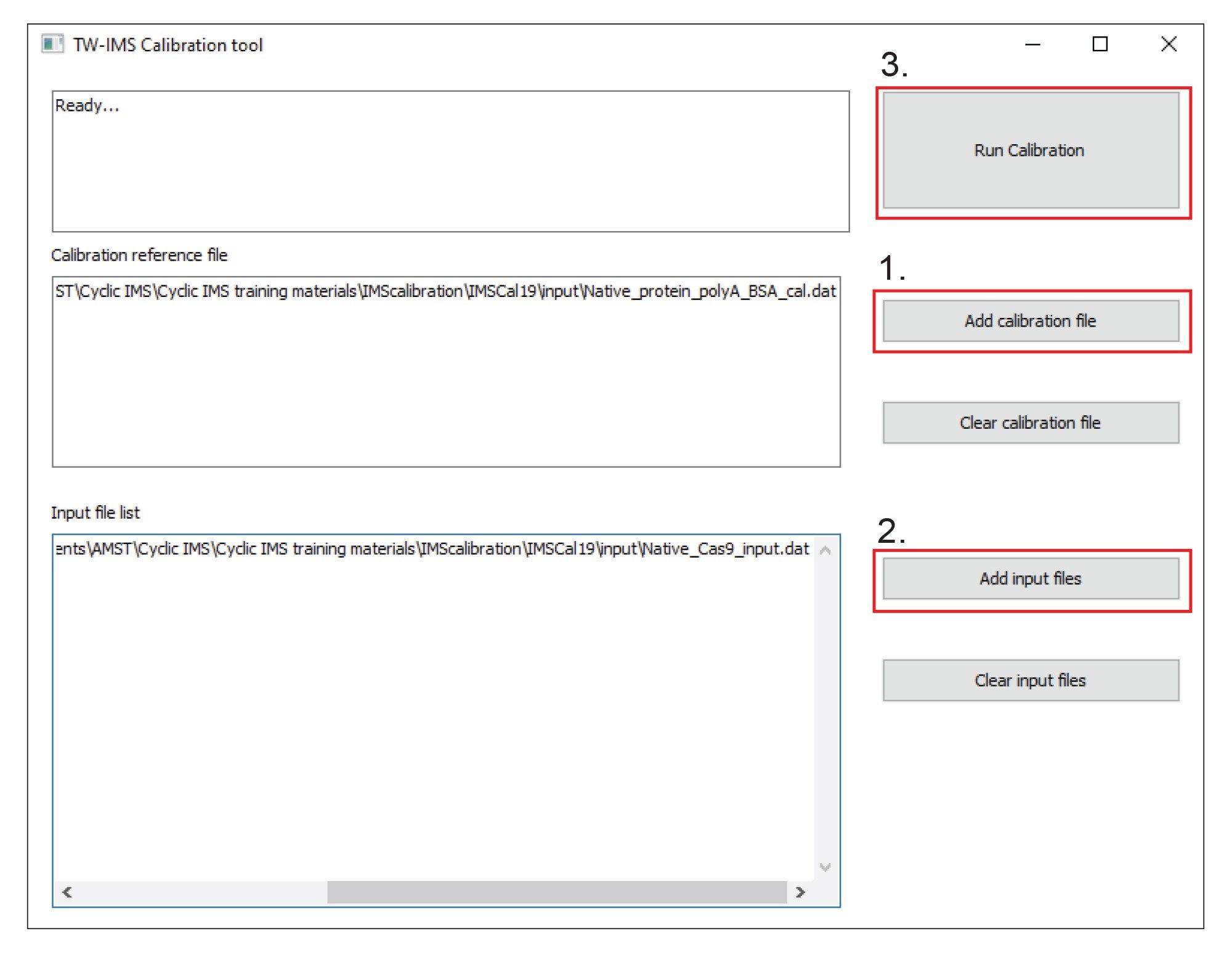  The graphical user interface of the IMScal tool. This easy-to-use program requires two input files – the calibration file and the unknown file - in addition to the defaults settings file. Results are written to an output file