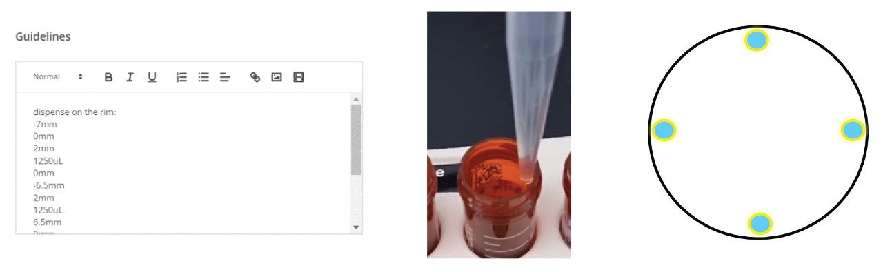 OneLab guidelines to dispense solvent along 4 positions of solvent dispensing (right)