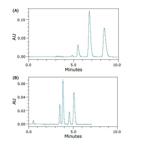  Chromatograms of the separation of the stereoisomers of permethrin obtained under normal-phase HPLC (A) and SFC (B) conditions