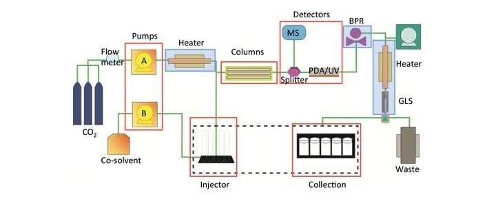 General SFC flow path highlighting similarities in red (Pumps, Injector, Columns, Detectors, Collection) and differences in blue (Heaters, Back Pressure Regulator (BPR), and Gas Liquid Separator (GLS))