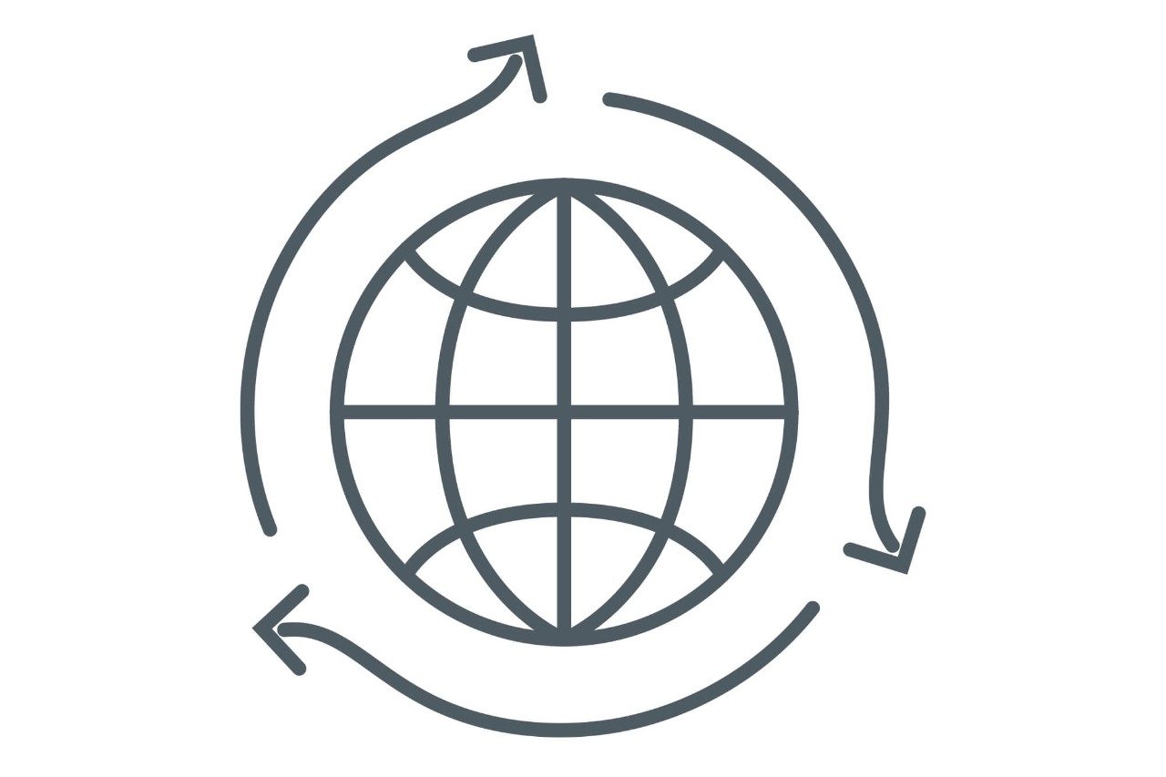 Line drawing of grid globe with arrows encircling it