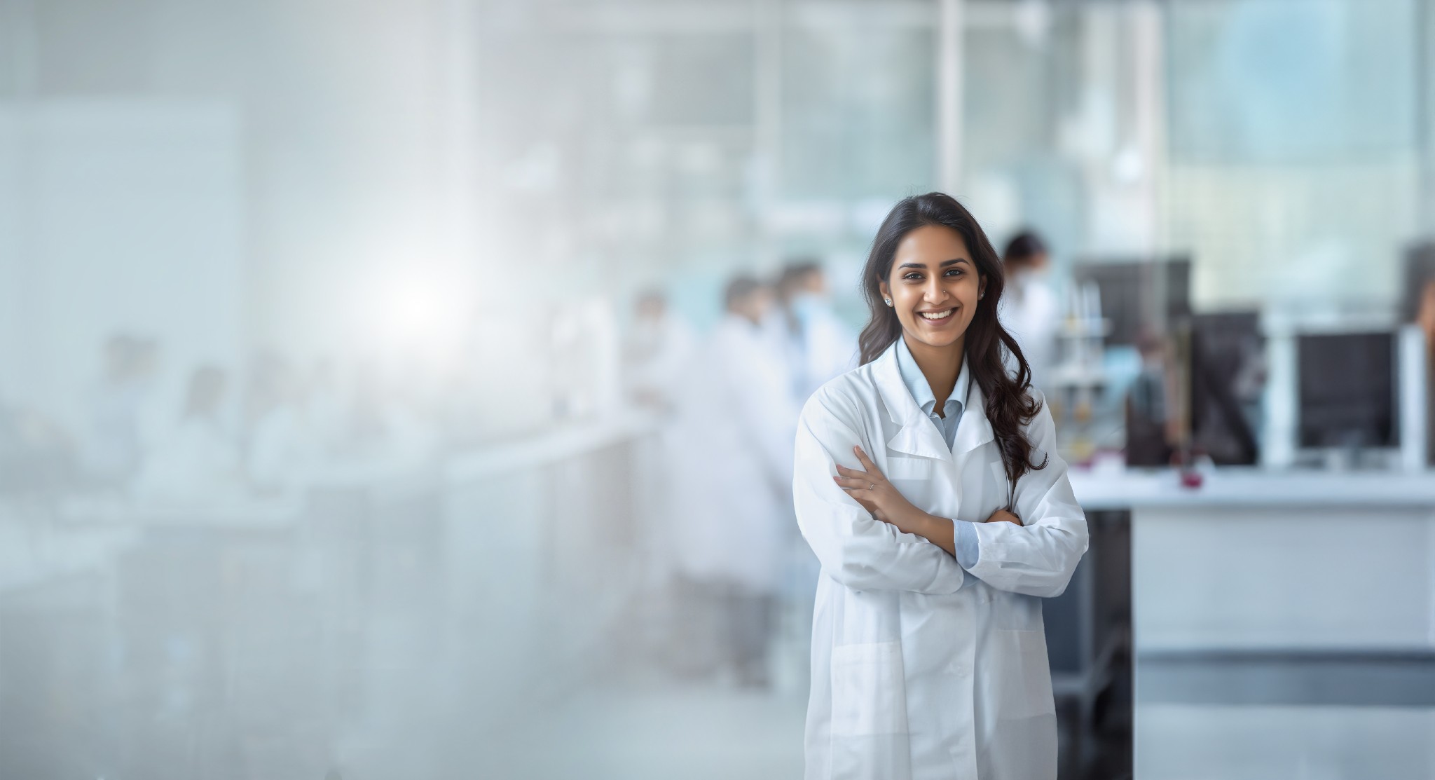 Científica sonriendo frente a un laboratorio ocupado