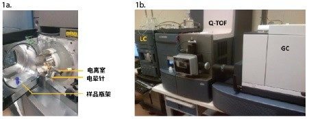 图1a.大气压气相色谱(APGC)离子源，配置在1b.Xevo G2-XS QTof质谱仪中。