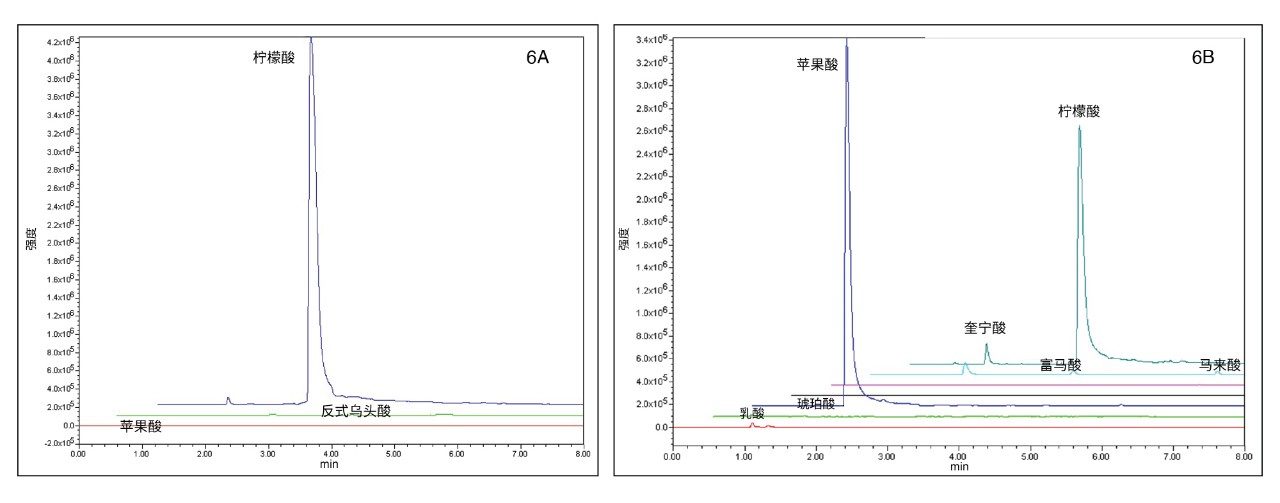 在运动饮料(6A)和苏打水(6B)中检测到的有机酸