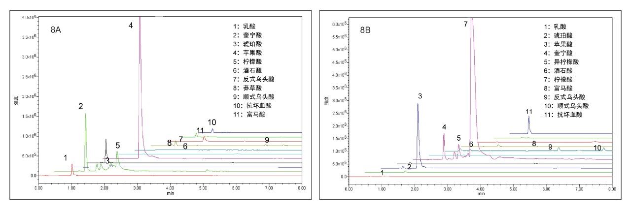 在苹果汁(8A)和橙汁(8B)中检测到的有机酸