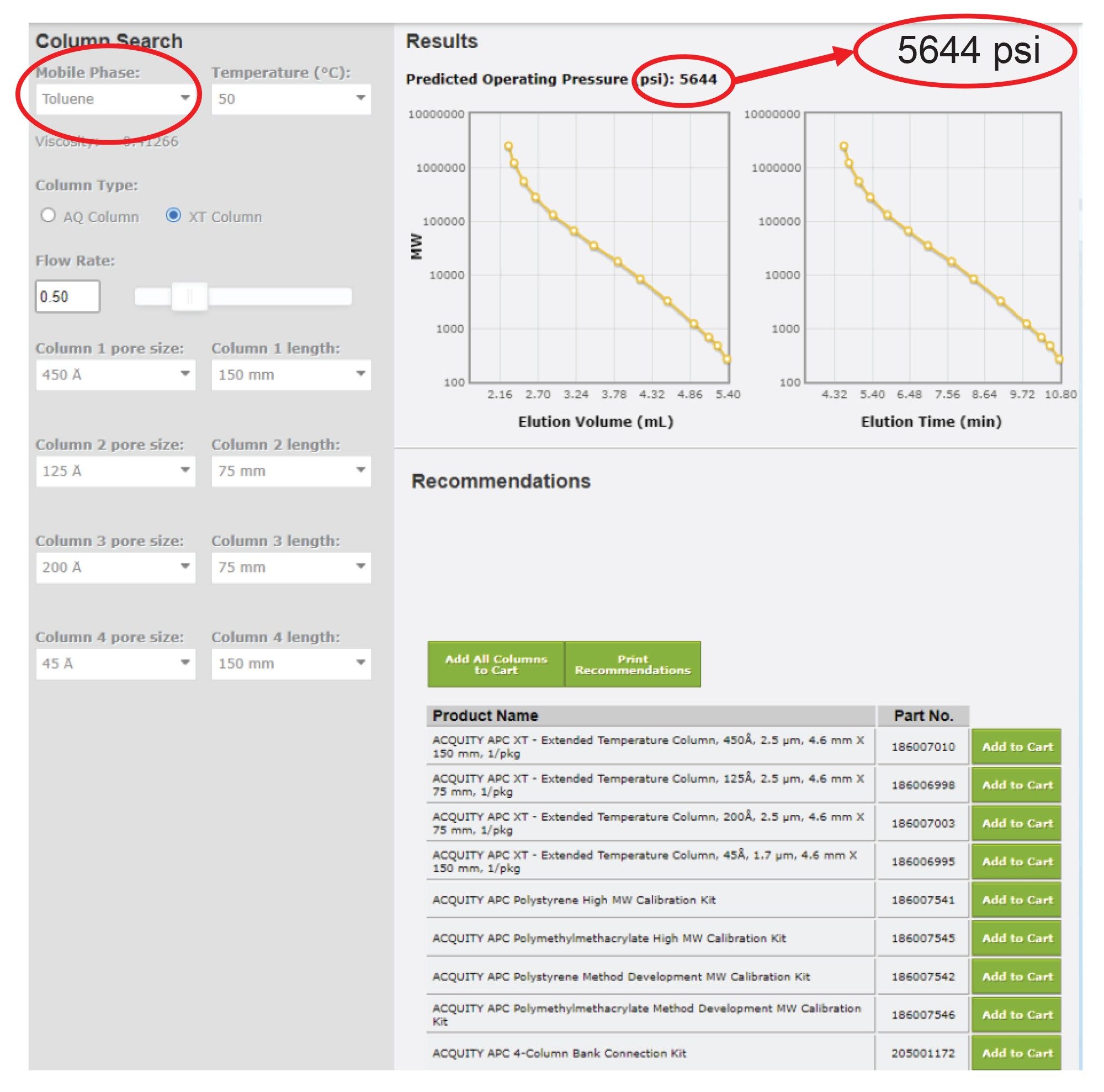 APC色谱柱选择工具，概述了甲苯中PDMS的SEC分析条件。