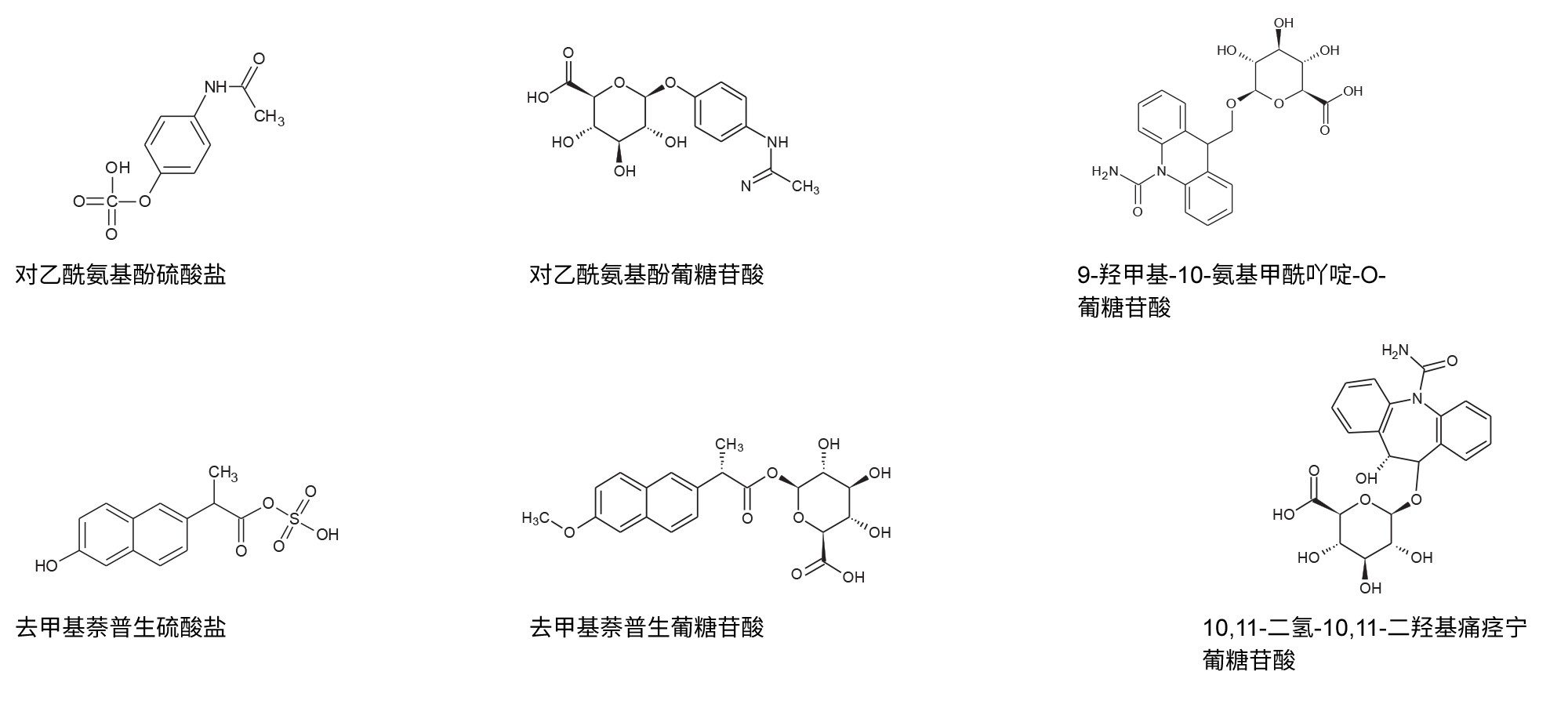 使用代谢物鉴定工作流程,通过UPLC-MSE ES-筛查,鉴定人尿液中治疗药物对乙酰氨基酚、痛痉宁和萘普生的代谢物的结果示例