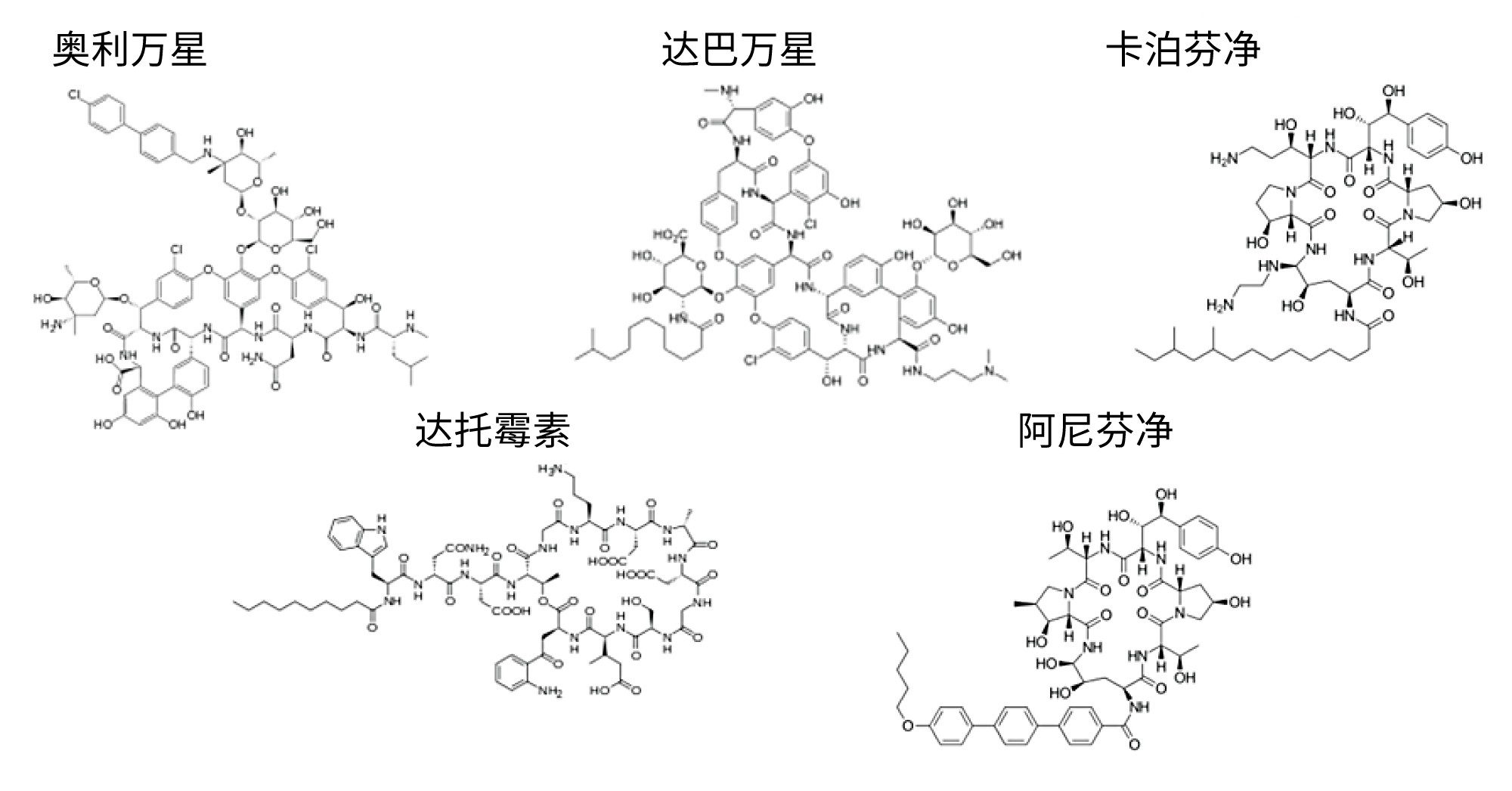 五种待测API的名称和结构